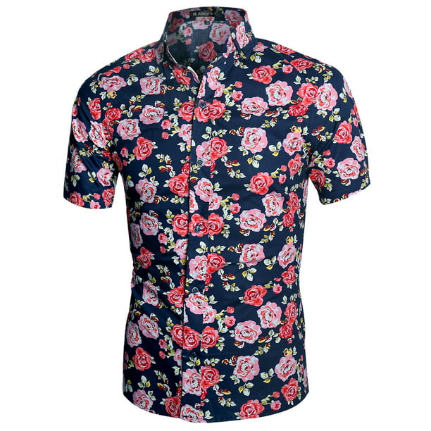 Mens Polo Shirt White with Designer Blue Florals Slim Fit Stretch 3 Button
